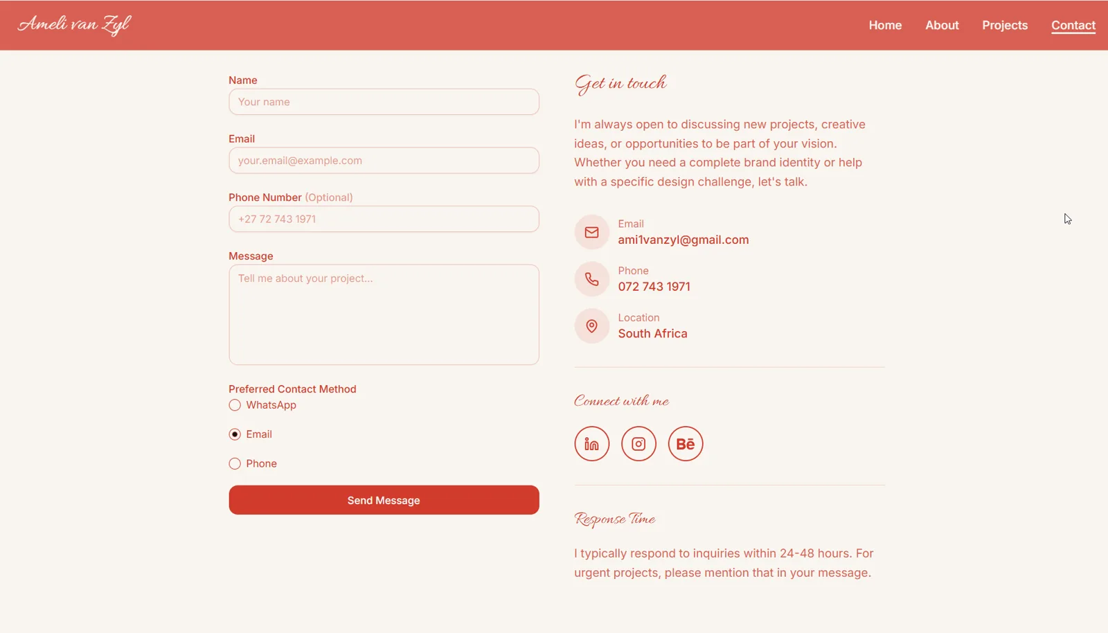 Ameli Designs contact page with the form that feeds automated email lead capture