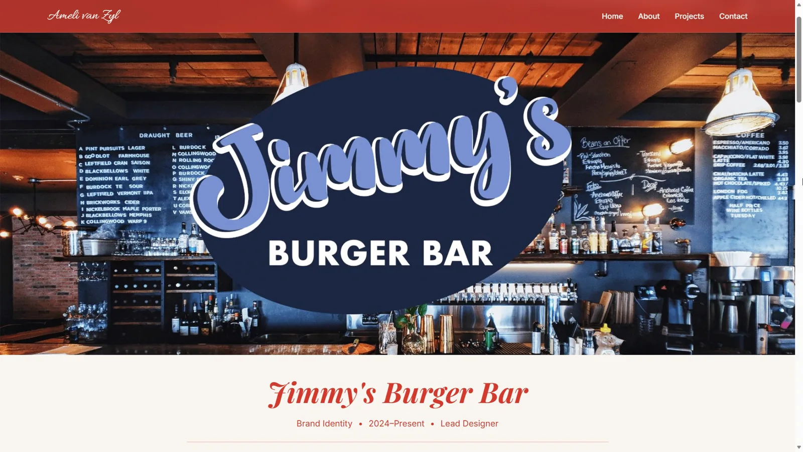 Jimmy's Burger Bar branding project case page on Ameli Designs