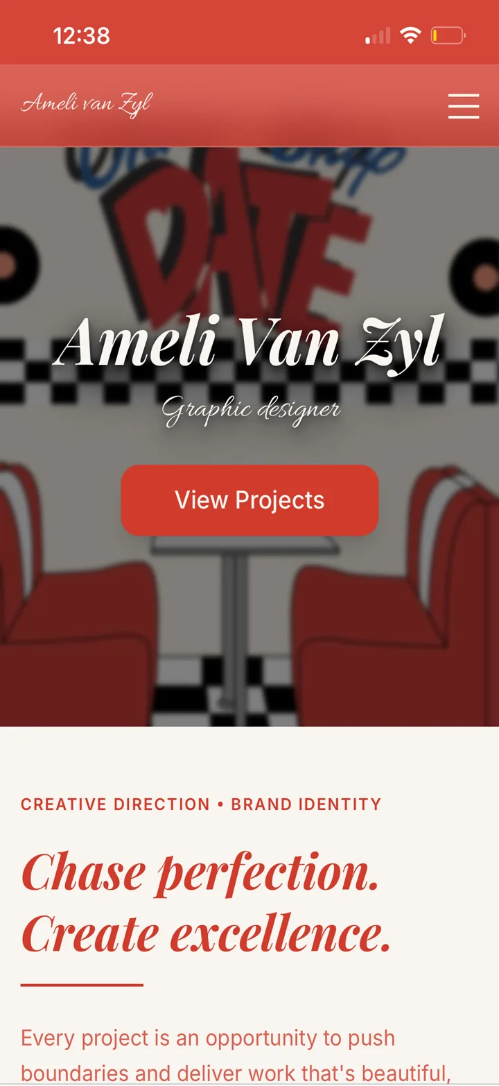 Ameli Designs home page on mobile, built mobile-first