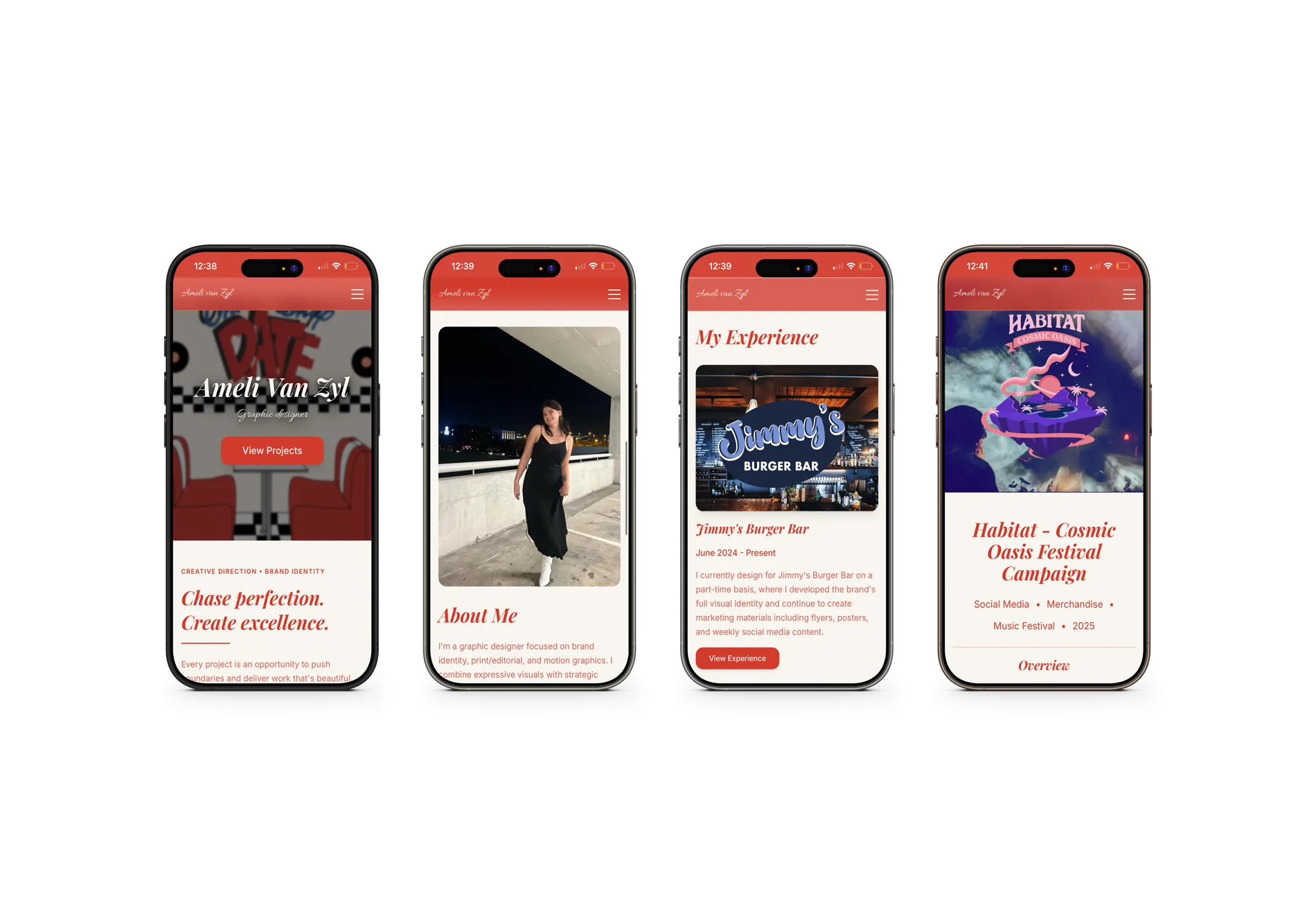 Ameli Designs home, about, experience and project pages across four phones — built mobile-first