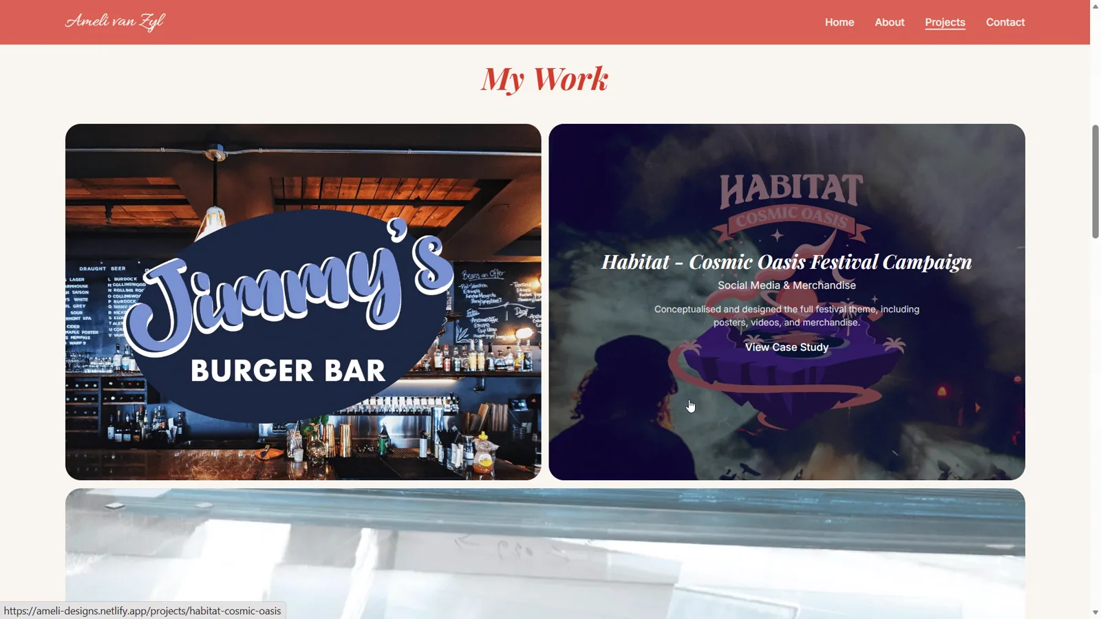 Ameli Designs work overview page with custom palette and editorial layout