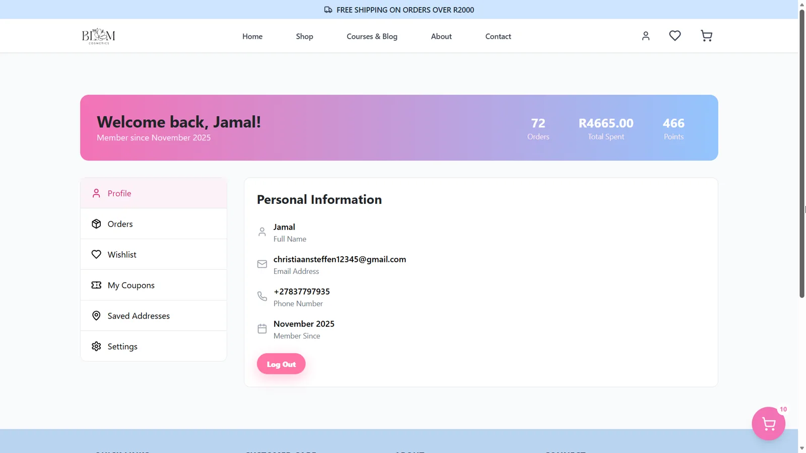 BLOM customer account and order history page