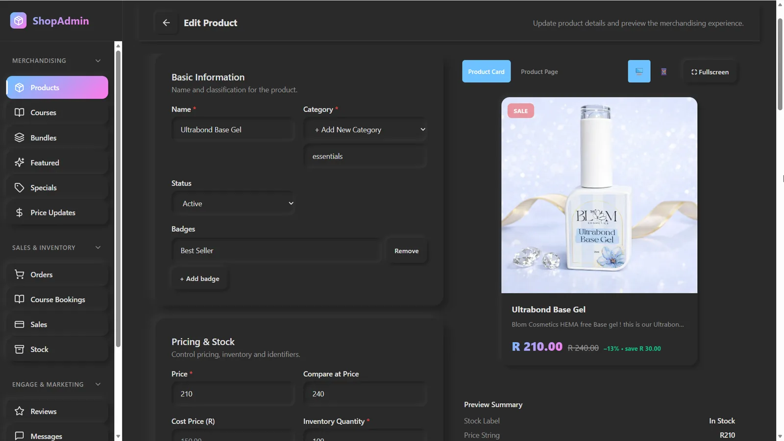 BLOM admin product editor with live pricing and image fields