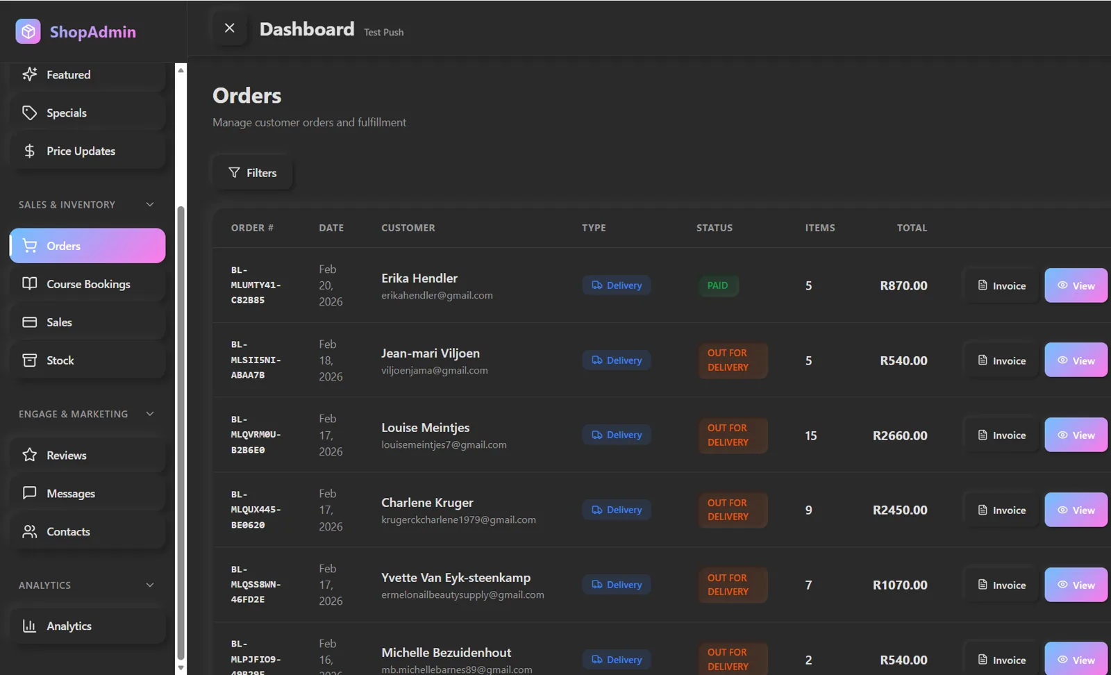 BLOM admin order management table