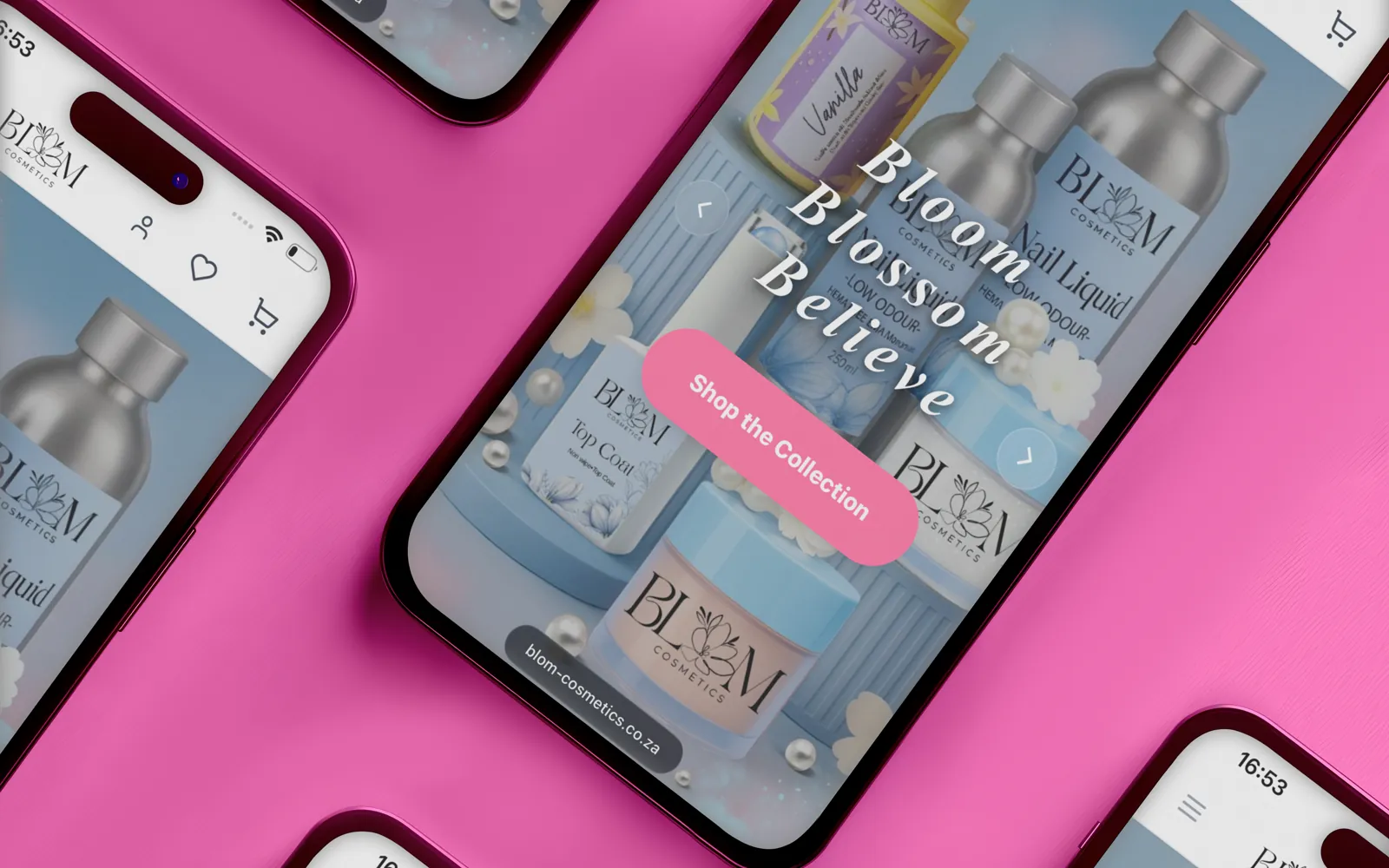 BLOM Cosmetics e-commerce and academy screens