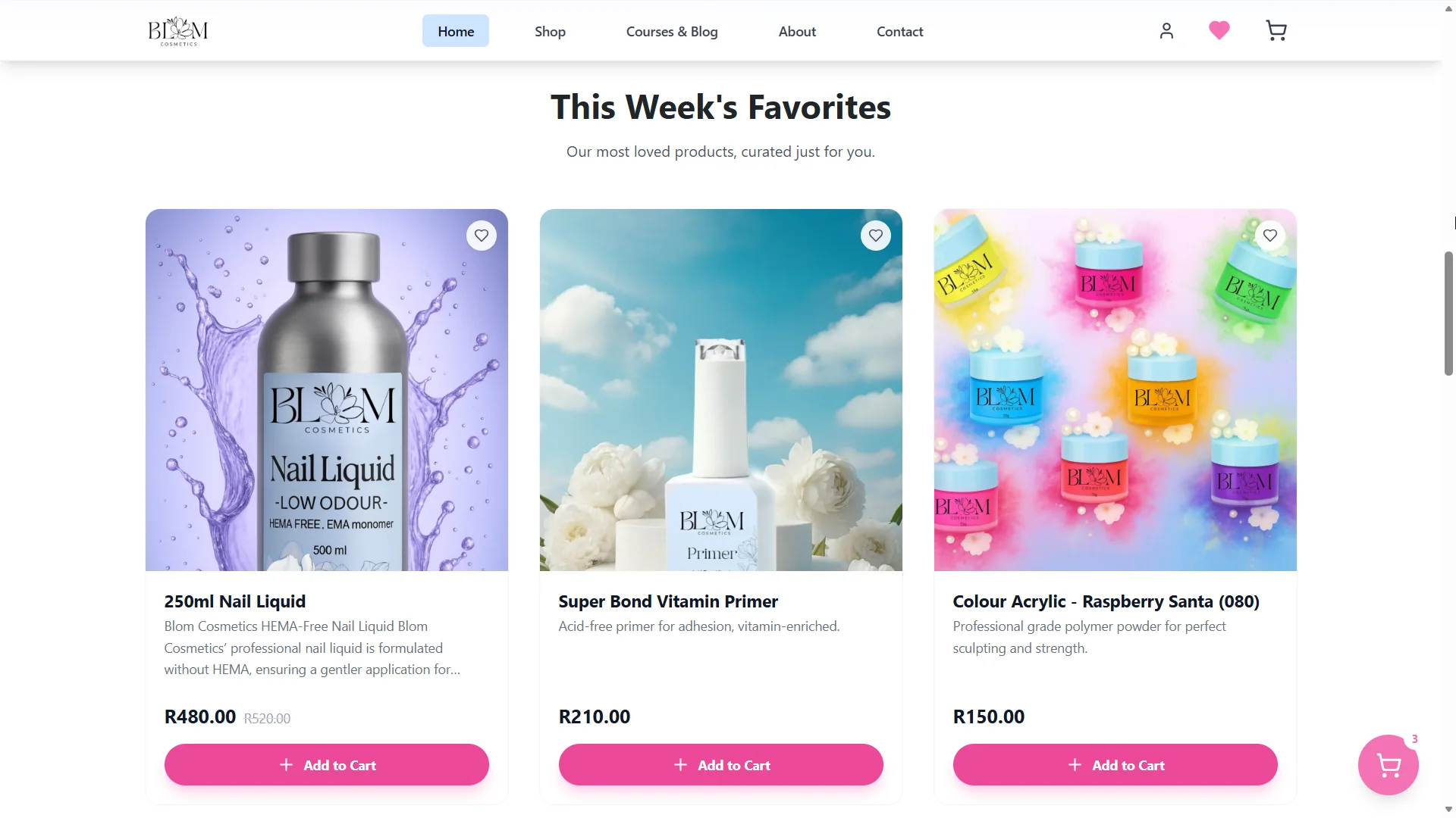 Full BLOM Cosmetics homepage layout, top to bottom