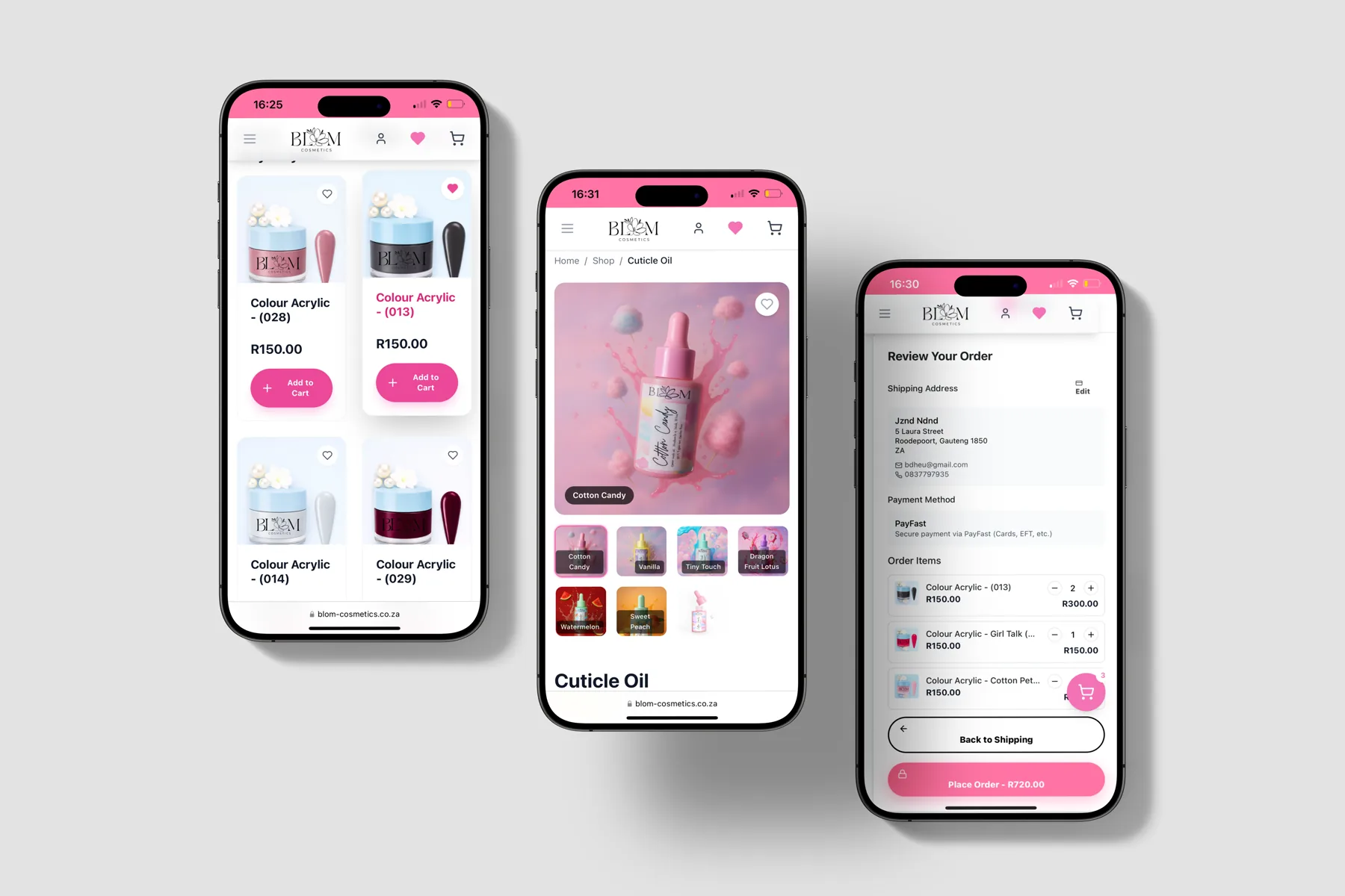 BLOM Cosmetics shop, product page and checkout across three phones — built mobile-first
