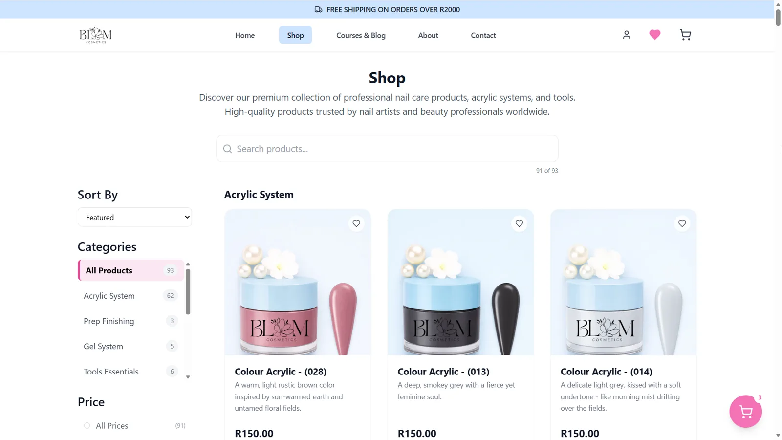 BLOM Cosmetics shop page with product grid and live ZAR pricing