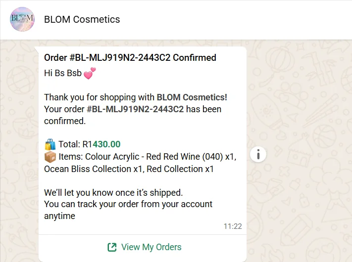 Automated WhatsApp order confirmation message sent to a BLOM customer