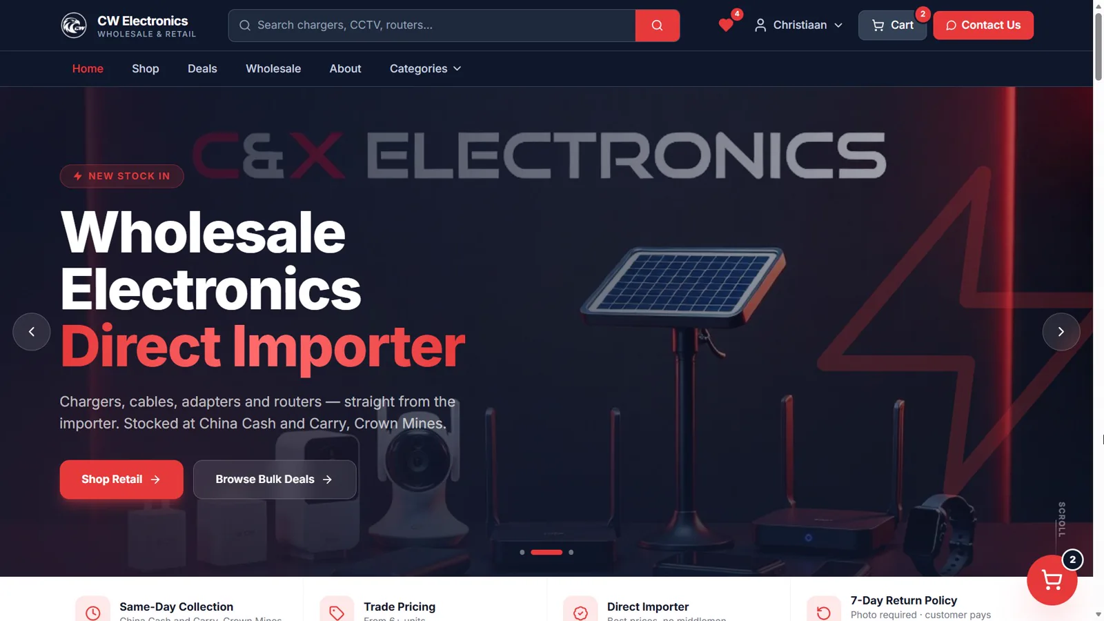 CW Electronics home page with featured electronics and category tiles