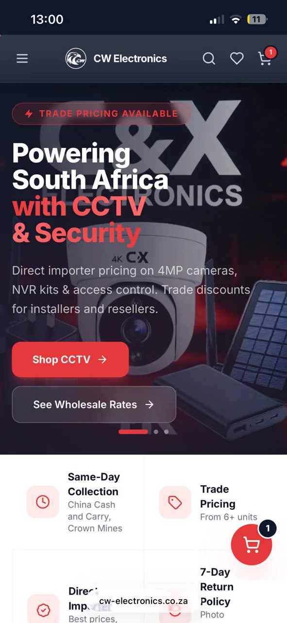 CW Electronics home page on mobile