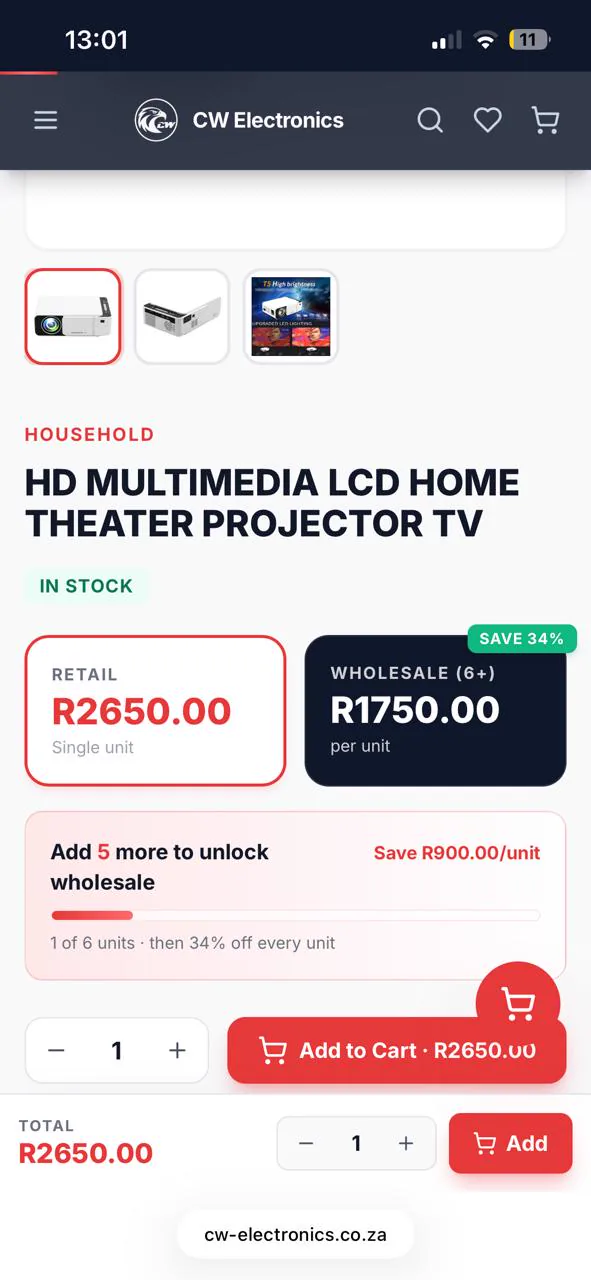 CW Electronics product page on mobile