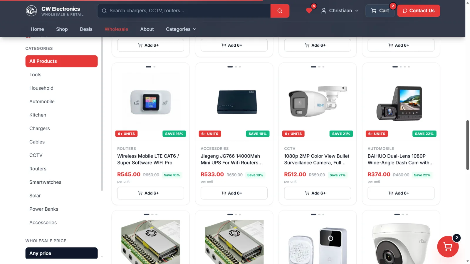 CW Electronics shop page listing products with retail and wholesale pricing