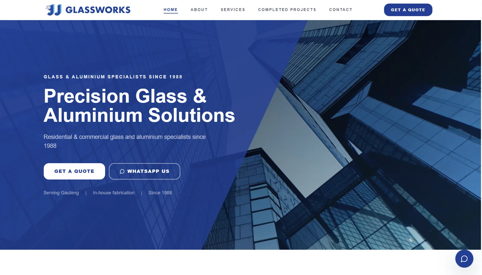 JJ Glassworks homepage on desktop — glass and aluminium specialists since 1988