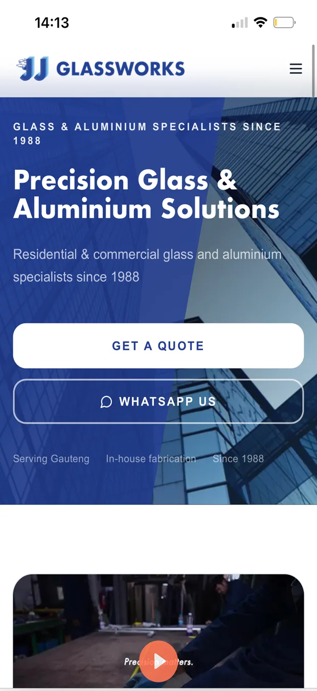 JJ Glassworks home page on mobile, built mobile-first