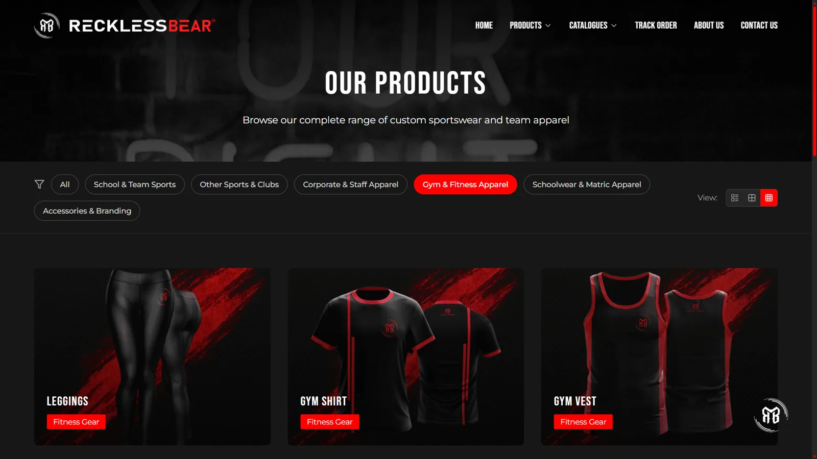 RecklessBear product catalogue listing every apparel item