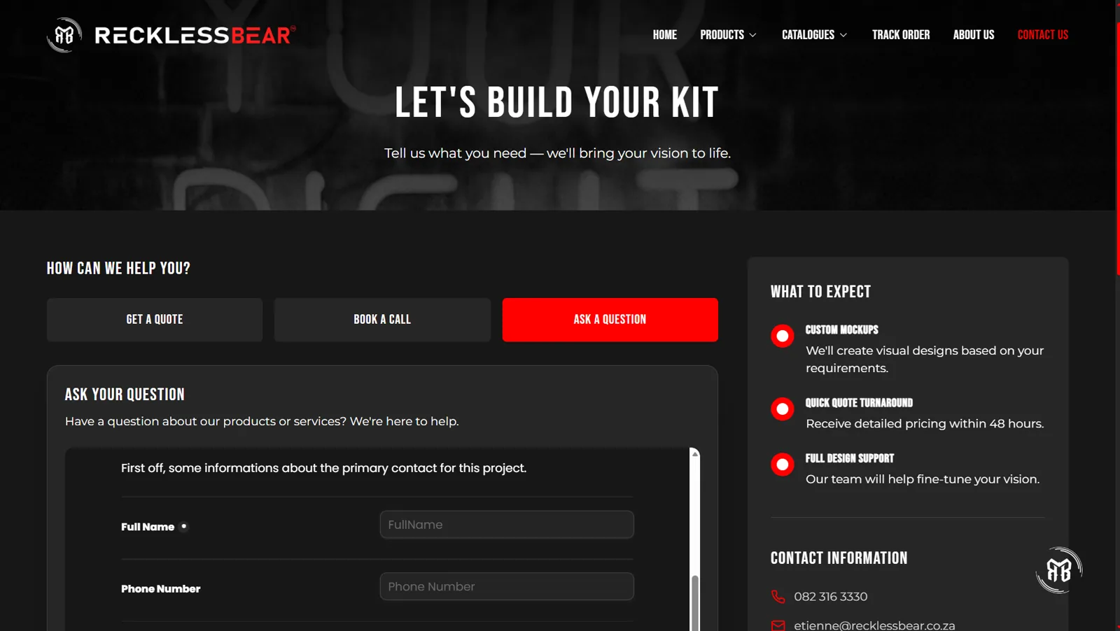RecklessBear structured custom-order request form