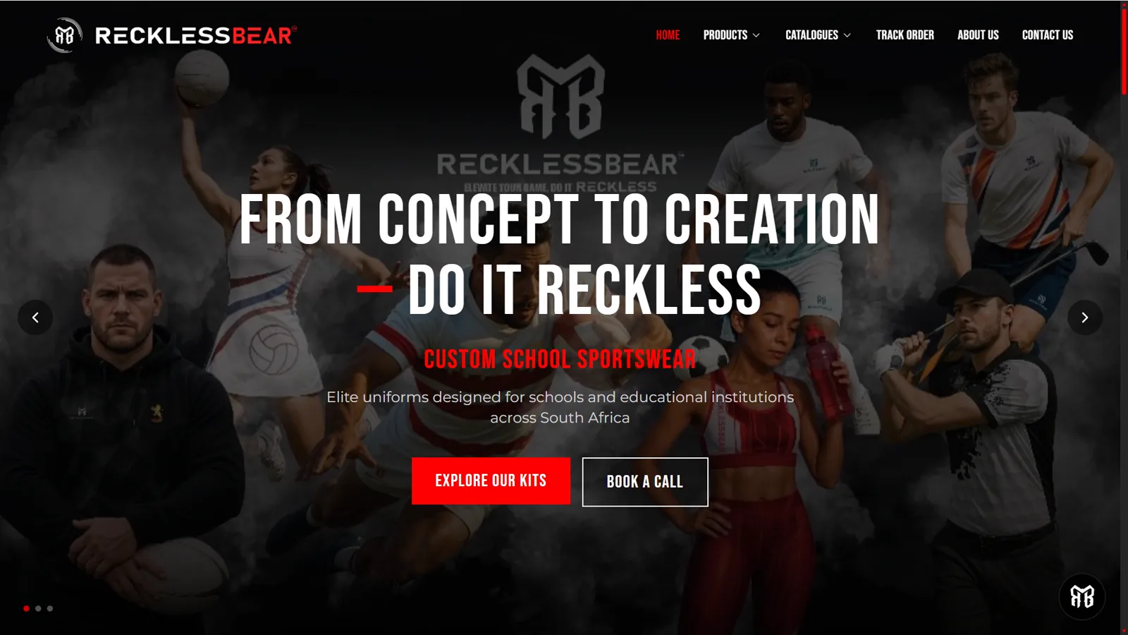 RecklessBear homepage with bold branding and a custom-order call to action