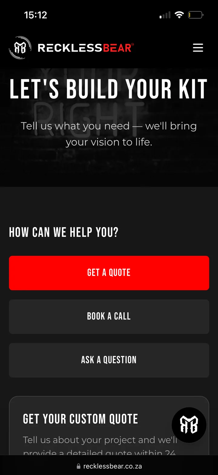 RecklessBear contact and quote page on mobile