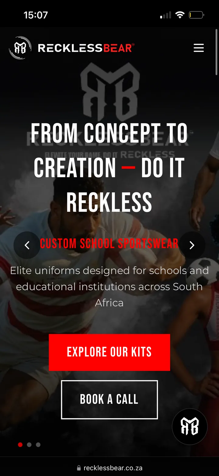 RecklessBear homepage on mobile, built mobile-first