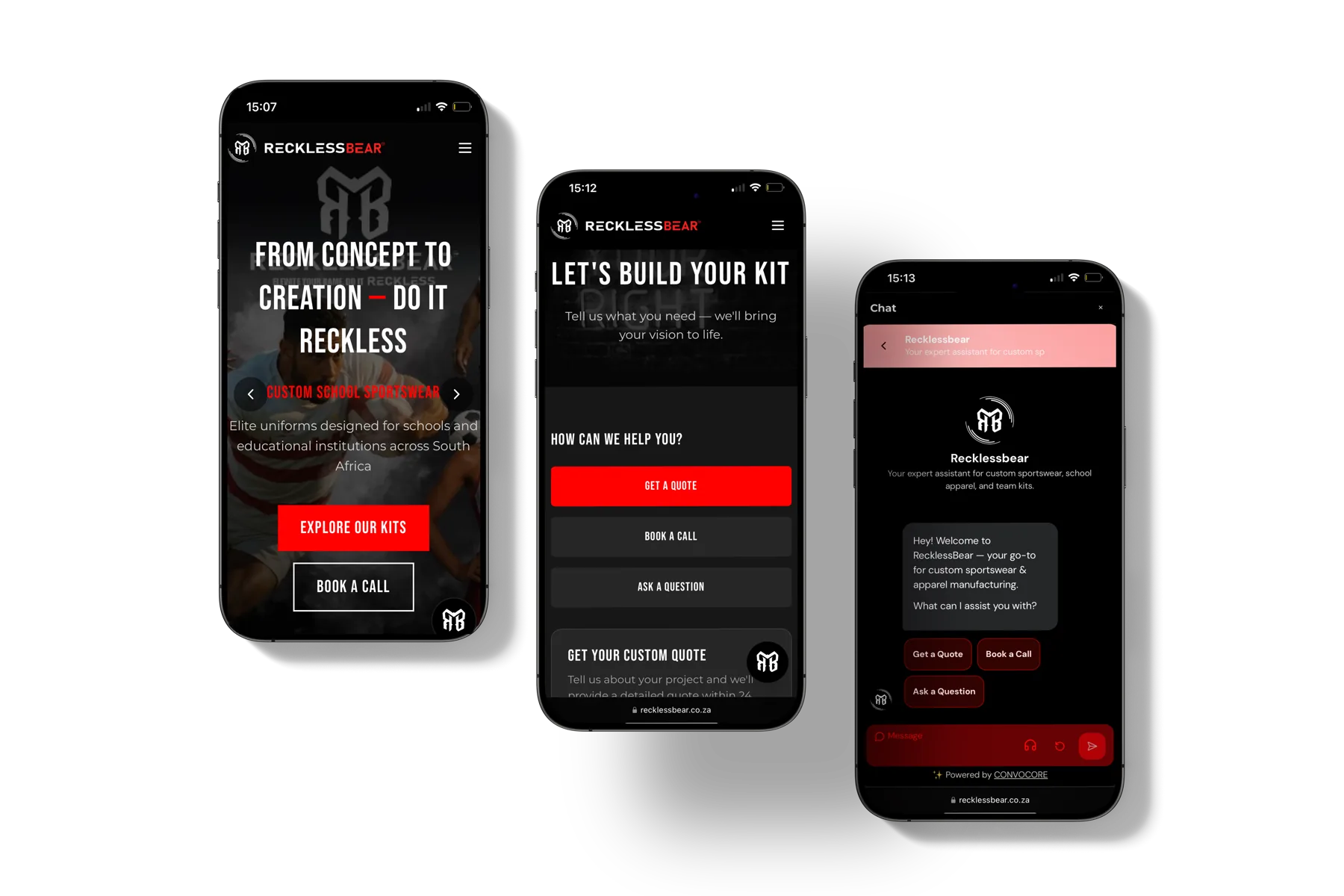 RecklessBear home, kit builder and AI chatbot across three phones — built mobile-first