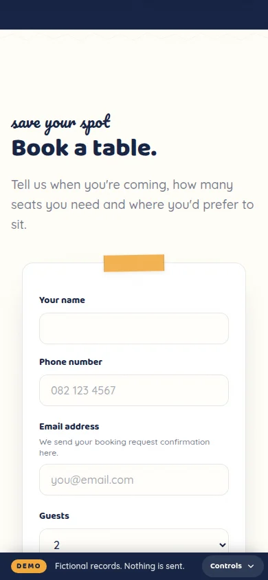 Table booking form on a phone