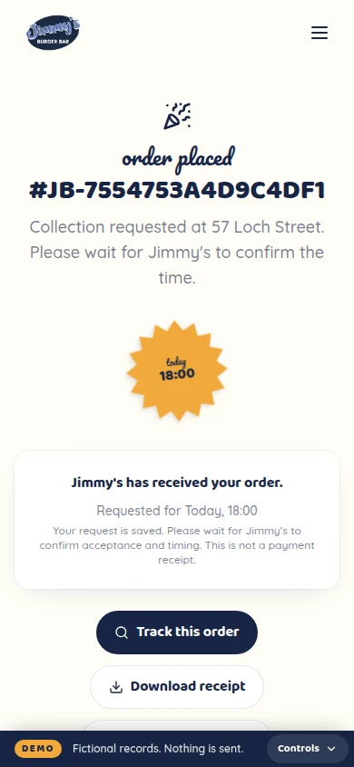 Order placed confirmation with a reference and requested time