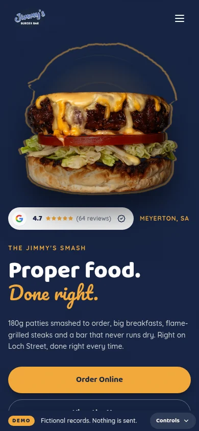 Jimmy’s Burger Bar home page on a phone