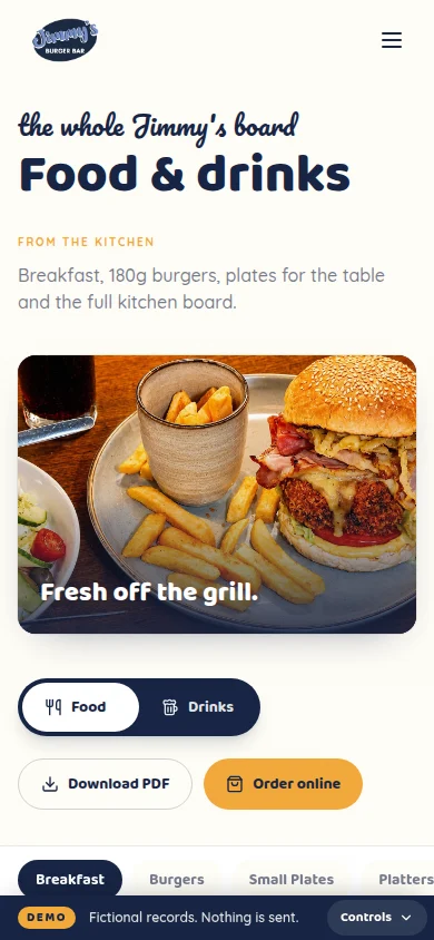 Jimmy’s food and drinks menu on a phone