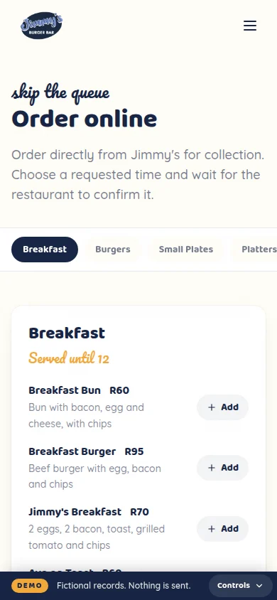 Ordering for collection from the Jimmy’s Burger Bar menu on a phone