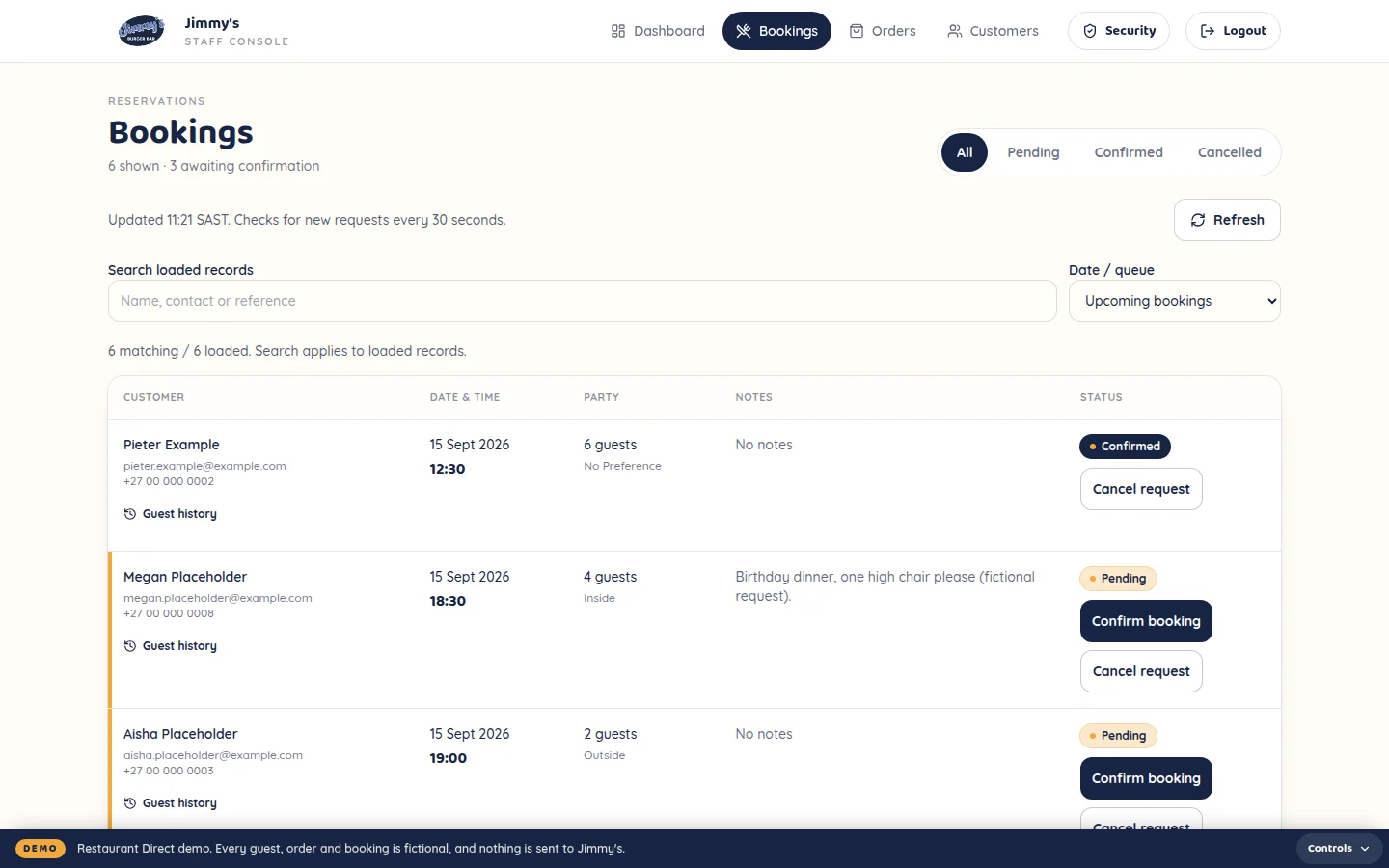 Bookings list with party size, notes and confirm or cancel actions