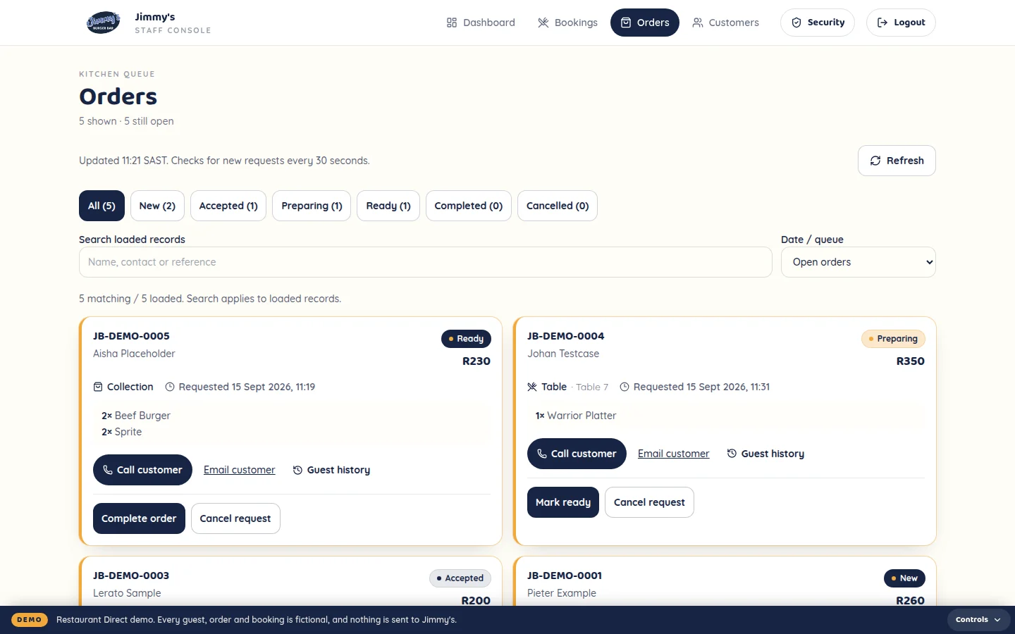 Orders queue with each order’s items, total, requested time and next status